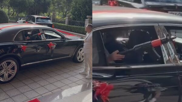 ▲▼天道盟正義會劉姓大哥嫁女兒，新娘在傳統古禮「丟扇子」環節時，改丟玩具槍             。（圖／記者沈繼昌翻攝）