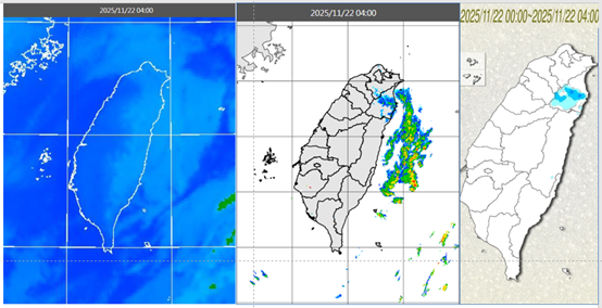 ▲▼今(22日)晨4時紅外線雲圖顯示，迎風面有較多低雲(左圖)，伴隨弱降水回波(中圖)，東北部局部降雨(右圖)。（圖／洩天機教室）