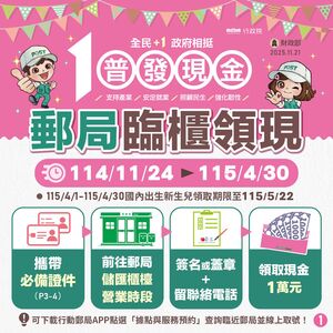 明起郵局臨櫃領普發1萬　首周採身分證單雙號分流