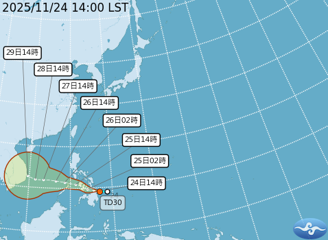 ▲▼熱帶性低氣壓TD30。（圖／氣象署提供）