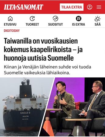 ▲▼我駐芬蘭代表林昶佐近日再登上芬蘭大報Ilta-Sanoma的政治版跟娛樂版。（圖／林昶佐臉書）