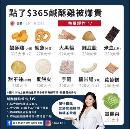 ▲▼營養師教點鹹酥雞。（圖／翻攝自FB/夏子雯_貼近你生活的營養師）