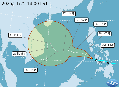 ▲熱帶性低氣壓TD30預計今晚到明天增強為颱風「天琴」。（圖／氣象署提供）