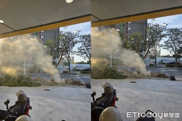 ▲台中北屯施工意外！挖破管線釀「瓦斯洩漏」，警消灑水警戒中。（圖／記者許權毅攝）