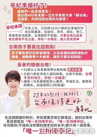 ▲陳亭妃發布《台南市民約定書》與妃妃貼圖，強調以鐵馬精神推動城市加速前進。（記者林東良翻攝，下同）