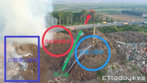 ▲台南市消防局出動無人機空拍後壁廢棄物大火，協助指揮官掌握火勢版圖。（圖／記者林東良翻攝，下同）