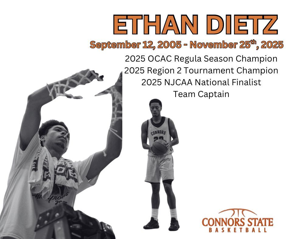 ▲▼康納州立學院的大二球員迪茨比賽中遭遇致命傷勢，搶救數天宣告不治。（圖／翻攝自X／Connors State Men`s Basketball）