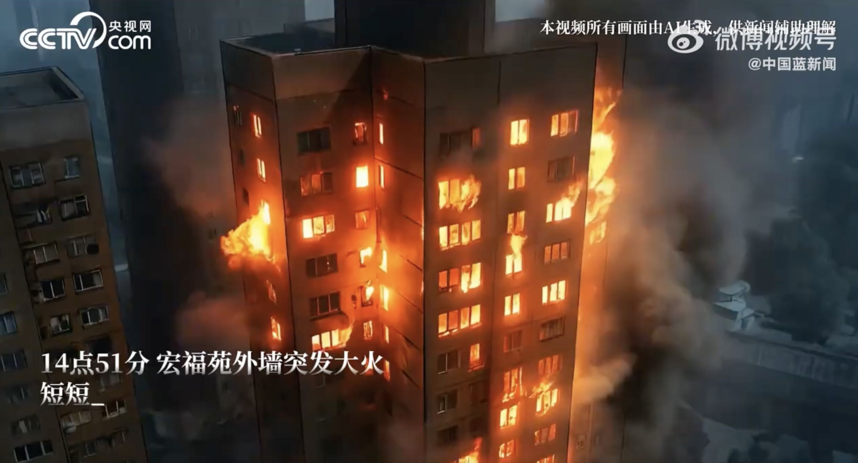 ▲AI模擬還原香港宏福苑火災場景及解析釀災科學成因。（圖／翻攝央視網）