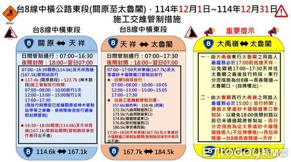 ▲中橫公路大禹嶺至太魯閣12月份交通管制一覽表。（圖／公路局提供，下同）