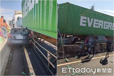 快訊/國道聯結車爆胎失控!自小客慘淪「夾心鐵餅」慘況曝光