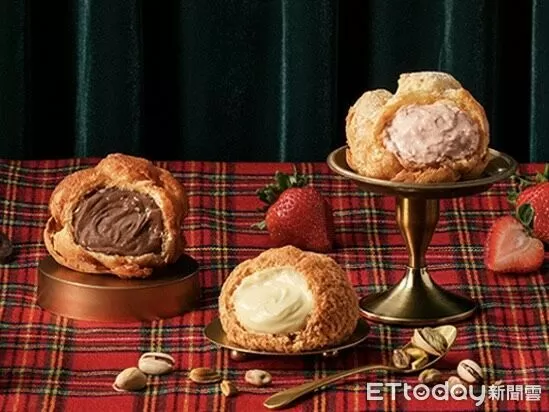 ▲▼beard papa’s12月推出3款人氣口味泡芙，包括巧克力、開心果、草莓，還有加碼限時推出的「蜂蜜奶油派皮」。（圖／▼beard papa’s提供）