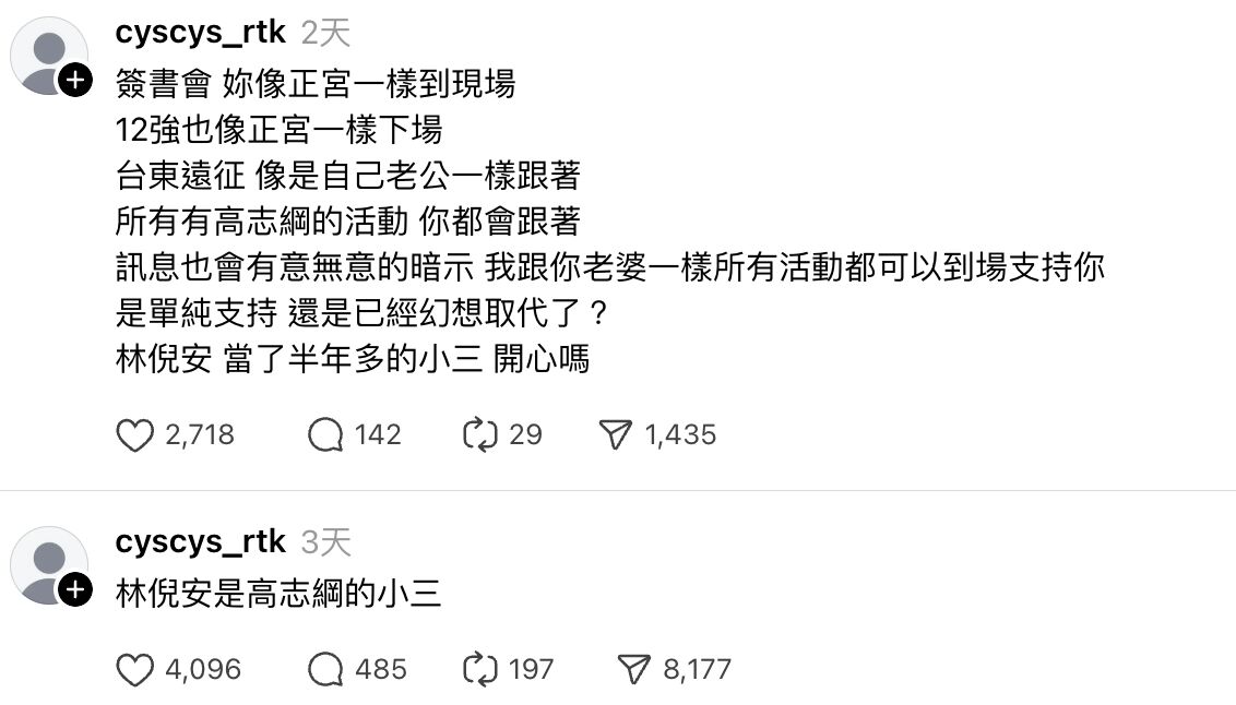 ▲▼爆料者曝高志綱與林倪安對話紀錄。（圖/Threads/cyscys_rtk）