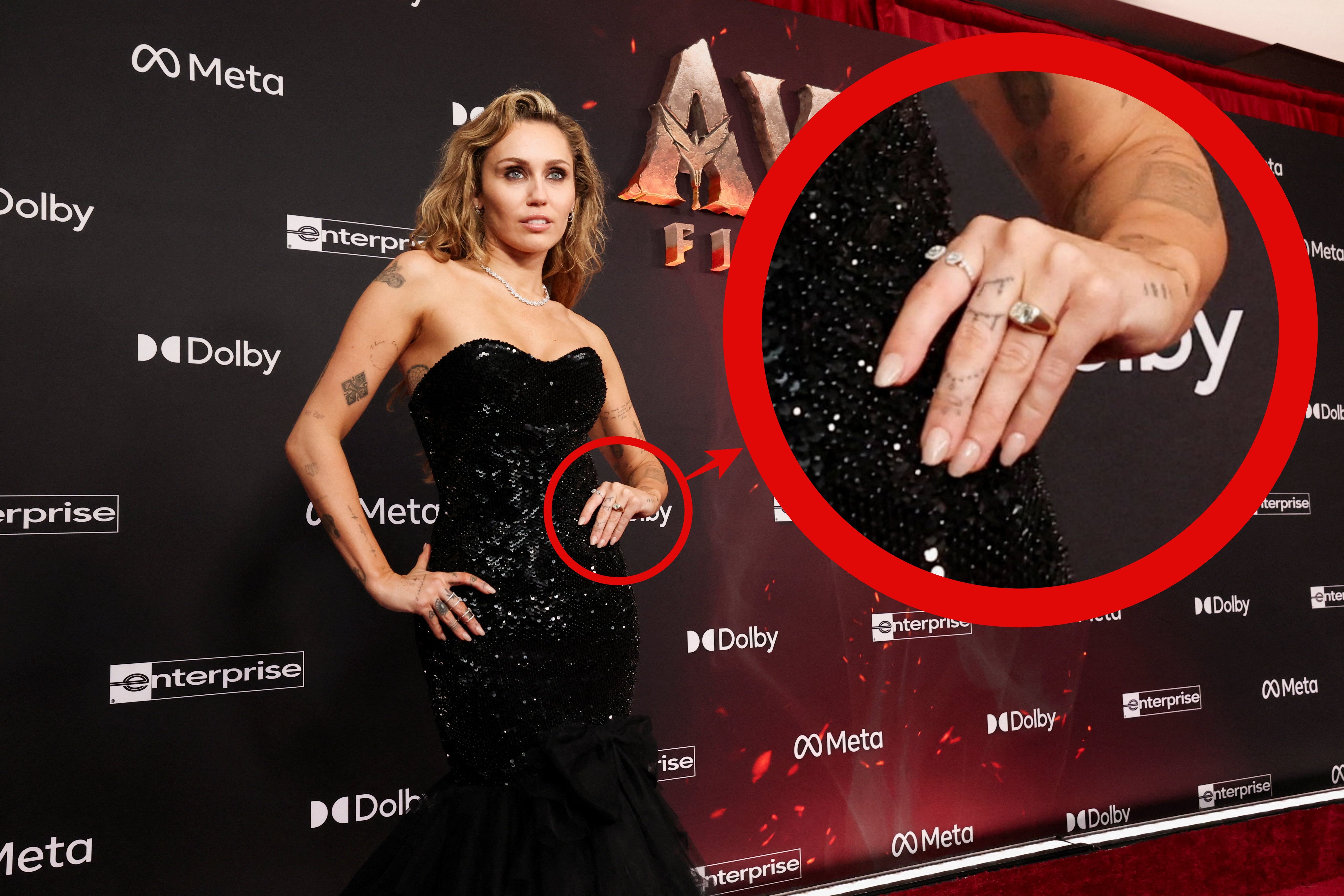 ▲麥莉希拉（Miley Cyrus）與小6歲的樂團鼓手男友 Maxx Morando出席《阿凡達：火與燼》全球首映的紅毯，左手上鑽戒引發關注。（圖／路透）