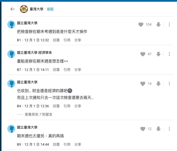 ▲▼台灣大學「肺結核接觸者」討論。（圖／翻攝Dcard）