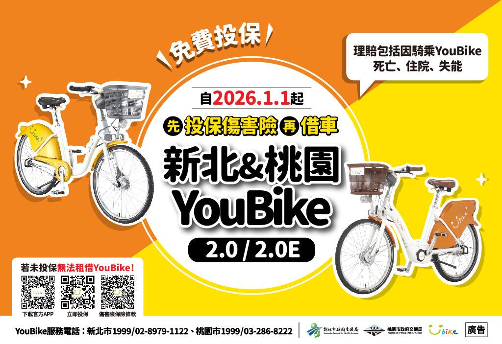 有投保，才能租借騎乘YouBike新北、桃園明年共推公共自行車傷害險新制（圖／新北市政府交通局提供）