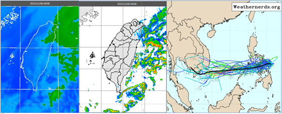 ▲▼今(6日)晨4時紅外線雲圖顯示，低層雲大多在東側(左圖)；4時雷達回波合成圖顯示，東側海上降水回波較多(中圖)。最新(5日20時)歐洲模式(ECMWF)系集模擬顯示，未來熱帶系統將大致循「天琴」的路徑，通過菲律賓中部、進入南海，一路西進(右圖)。（圖／洩天機教室）