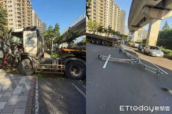 ▲▼             淡水拖板車自撞安全島，37歲駕駛命危搶救中。（圖／記者陸運陞翻攝，下同）