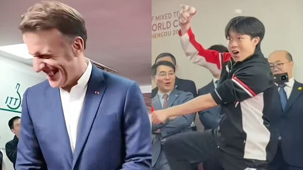▲▼ 法國總統馬克宏本月3日至5日展開第四次國事訪華行程，本次行程除北京訪問外，特別安排前往成都進行文化交流，與大陸名將孫穎莎、王楚欽打乒乓球            。（圖／翻攝 海客新聞）