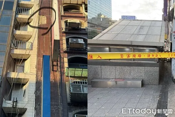 ▲▼台北忠孝東路四段驚傳大樓外牆磁磚掉落。（圖／記者張君豪翻攝）