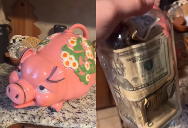 女二手店花300元買「超醜粉紅豬撲滿」　打開驚見6萬多現金。（圖／翻攝自TikTok／miles8katrina）