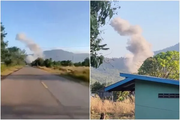 ▲▼ 泰軍發動空襲之後，柬埔寨境內一處地點冒煙。（圖／路透）