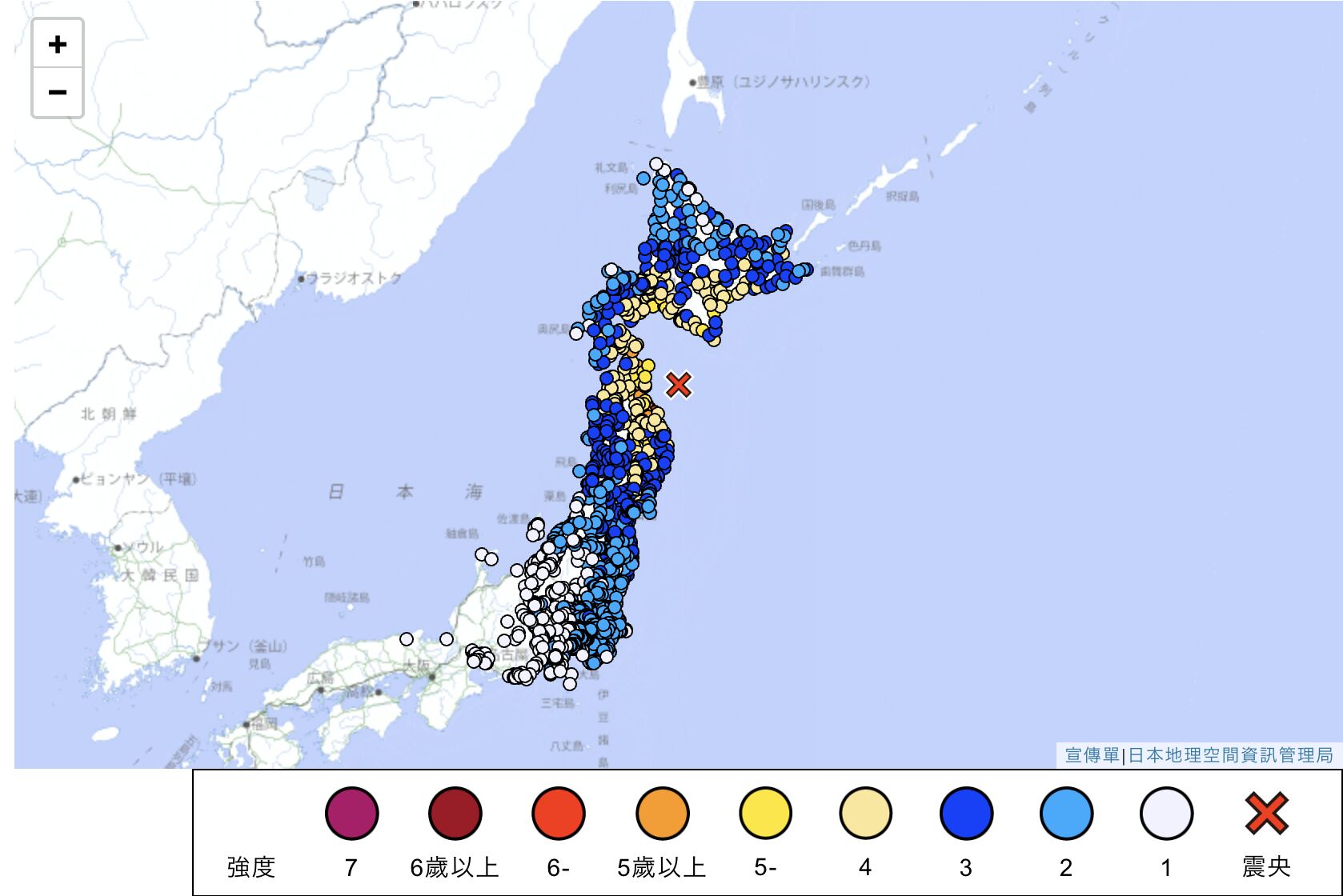 ▲▼日本青森縣東方外海8日晚間發生規模7.6地震。（圖／日本氣象廳）