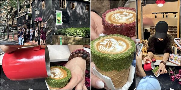 ▲▼澳門官也街美食「何老師窗台咖啡」，窗前現拉花，開心果甜筒卡布奇諾風靡IG圈。（圖／部落客小虎提供）