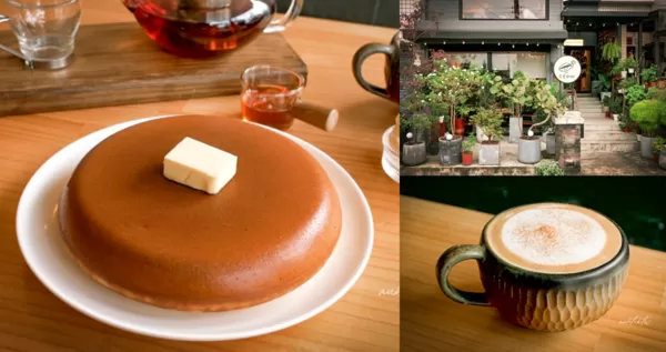 ▲▼宜蘭員山下午茶推薦「花室咖啡」，滿滿綠色植栽，香甜大份量超厚鬆餅。（圖／部落客水晶提供）