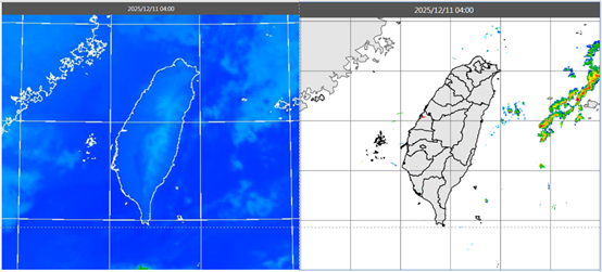 ▲▼今(11日)晨4時紅外線雲圖顯示，台灣陸地大致晴朗(左圖)。4時雷達回波合成圖顯示，東部外海有降水回波(右圖)。（圖／翻攝自「洩天機教室」）