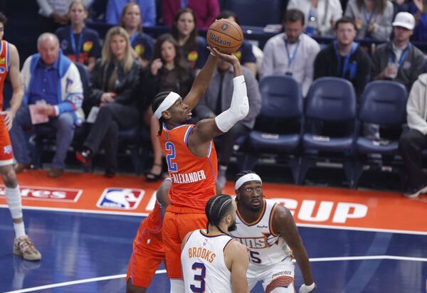 ▲吉爾吉斯-亞歷山大領軍狂勝49分，雷霆挺進NBA盃4強。（圖／路透）