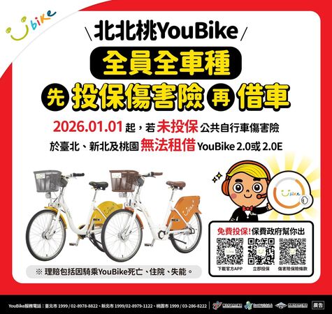 北市交通局宣布，明年元旦起，須完成投保公共自行車傷害險，才能租借YouBike。（北市交通局提供）