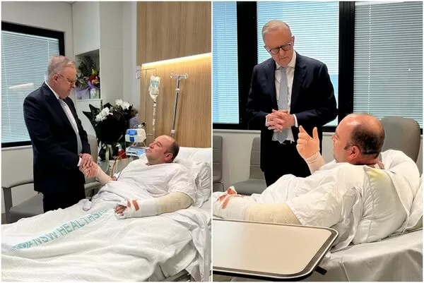 ▲▼澳洲總理艾班尼斯到醫院探望奪槍英雄阿邁德（Ahmed al Ahmed）。（圖／路透）