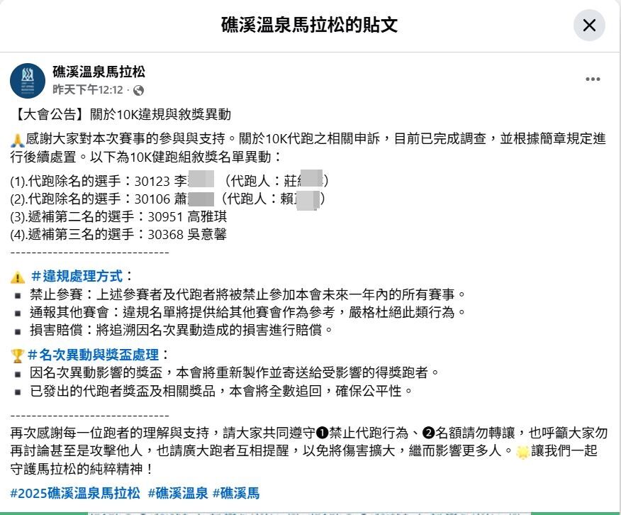 ▲▼礁溪溫泉馬拉松代跑舞弊案，大會在活動官網公告處置結果。（圖／擷取《礁溪溫泉馬拉松官網》，下同）