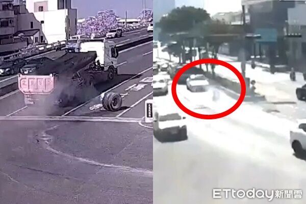 ▲▼特斯拉遭前方貨車掉落的輪胎砸中。（圖／記者林東良翻攝）