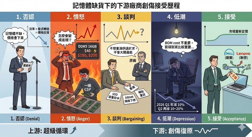 ▲記憶體下游廠商陷入悲傷5階段循環。（圖／翻攝自「萬鈞法人視野WJ Capital Perspective」）