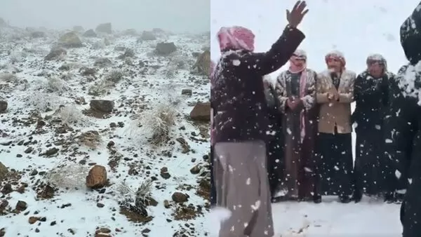 ▲▼沙烏地阿拉伯下雪了！沙漠變身銀白大地　雪花飄飄在地人嗨翻。（圖／翻攝X）