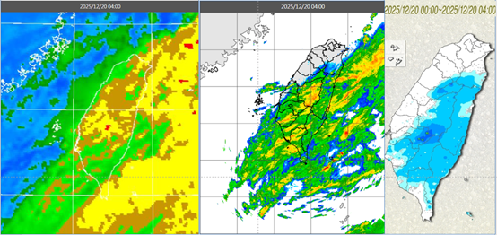 ▲▼今(20日)晨4時紅外線雲圖顯示，中高雲正逐漸通過(左圖)。4時雷達回波合成圖顯示，伴隨降水回波(中圖)。4時累積雨量圖顯示，各山區、東半部及中南部平地有局部雨(右圖)。（圖／洩天機教室）