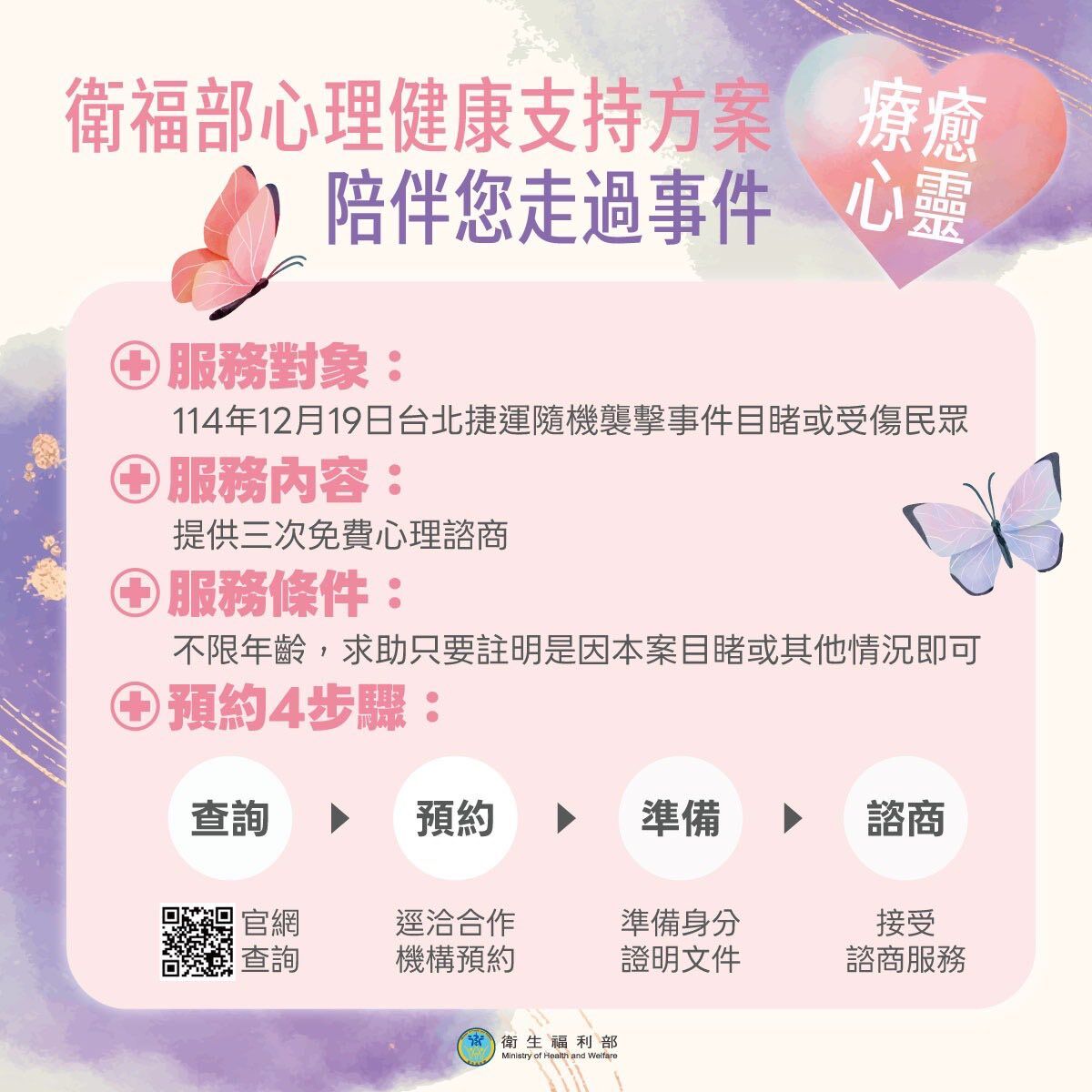 ▲▼北捷案後，衛福部提供免費心理諮詢  。（圖／衛福部提供）