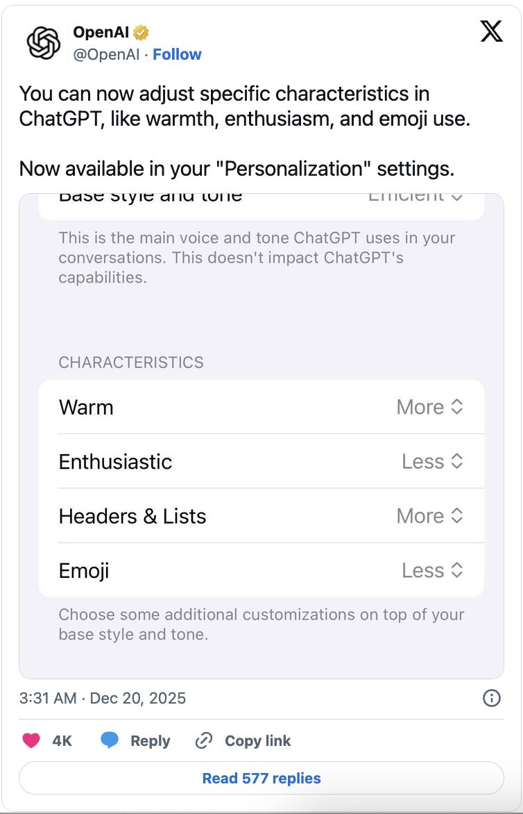 ▲▼  ChatGPT,OpenAI,AI,語氣,個人化設定,熱情指數。（圖／截取自網路）