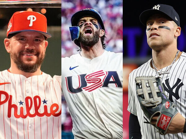 ▲ 美國隊陣容星光熠熠，圖中左起為費城費城人強打舒瓦伯（Kyle Schwarber）、宣布參戰經典賽的布哈波（Bryce Harper），以及擔任美國隊長的洋基球星賈吉（Aaron Judge），被外界視為本屆WBC最具奪冠相的夢幻核心。 
         。（圖／達志影像／美聯社）