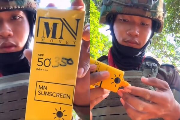 ▲▼柬埔寨士兵「淡定擦防曬」帶貨。（圖／翻攝自Facebook／ឡុង ម៉ានីន）