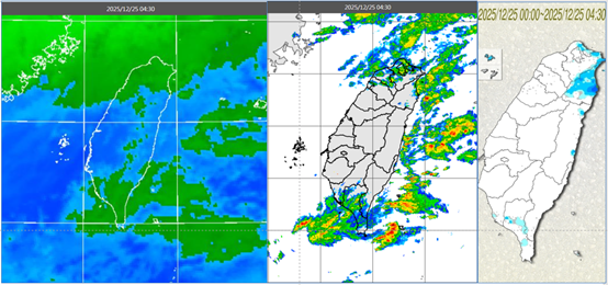 ▲▼圖：今(25日)晨4：30紅外線雲圖顯示，迎風面雲量增多，南台灣有鬆散雲層通過(左圖)。雷達回波合成圖顯示，北台灣、東側海上及南台灣皆有降水回波(中圖)。累積雨量圖顯示，東北部有明顯降雨、北部、南部較零星(右圖)。（圖／翻攝自「洩天機教室」）