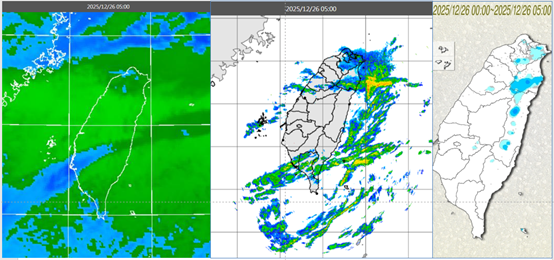 ▲▼圖：今(26日)晨5時紅外線雲圖顯示，各地雲量多(左圖)。5時雷達回波合成圖顯示，雲層伴隨零星回波、迎風面較持續(中圖)。5時累積雨量圖顯示，北、東局部雨、山區零星雨(右圖)。（圖／翻攝自「洩天機教室」）