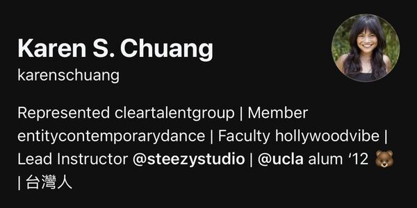 Karen在Threads頁面自我介紹，列出舞蹈相關職涯經歷，最後以正體中文寫下「台灣人」。（翻攝Threads）