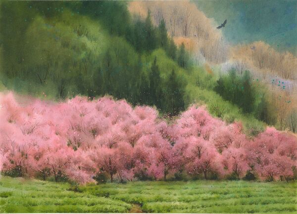 ▲北投晶泉丰旅泉源客房；北投晶泉丰旅2026第一季駐村藝術「晶彩．印記」特展，作品「春晨翔鷹」以層疊暈染筆觸描繪台灣山林晨霧與光影流轉。（圖／業者提供）