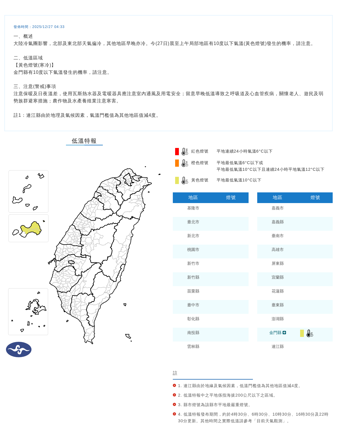 ▲▼低溫特報。（圖／中央氣象署）