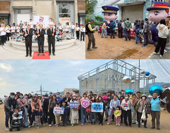 ▲左上圖屆退及資深員工將象徵生命力與傳承的「希望之樹」傳遞給公司教保中心小朋友；右上圖港務警察大隊宣導犯罪預防；下圖港務同仁攜帶家人到高雄港參加家庭日。（圖／港務公司）