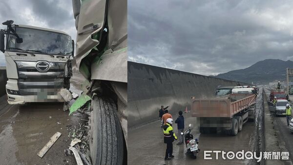 ▲台北港砂石土方車道處，今日中午發生兩輛砂石車對撞事故 。（圖／記者陸運陞翻攝）