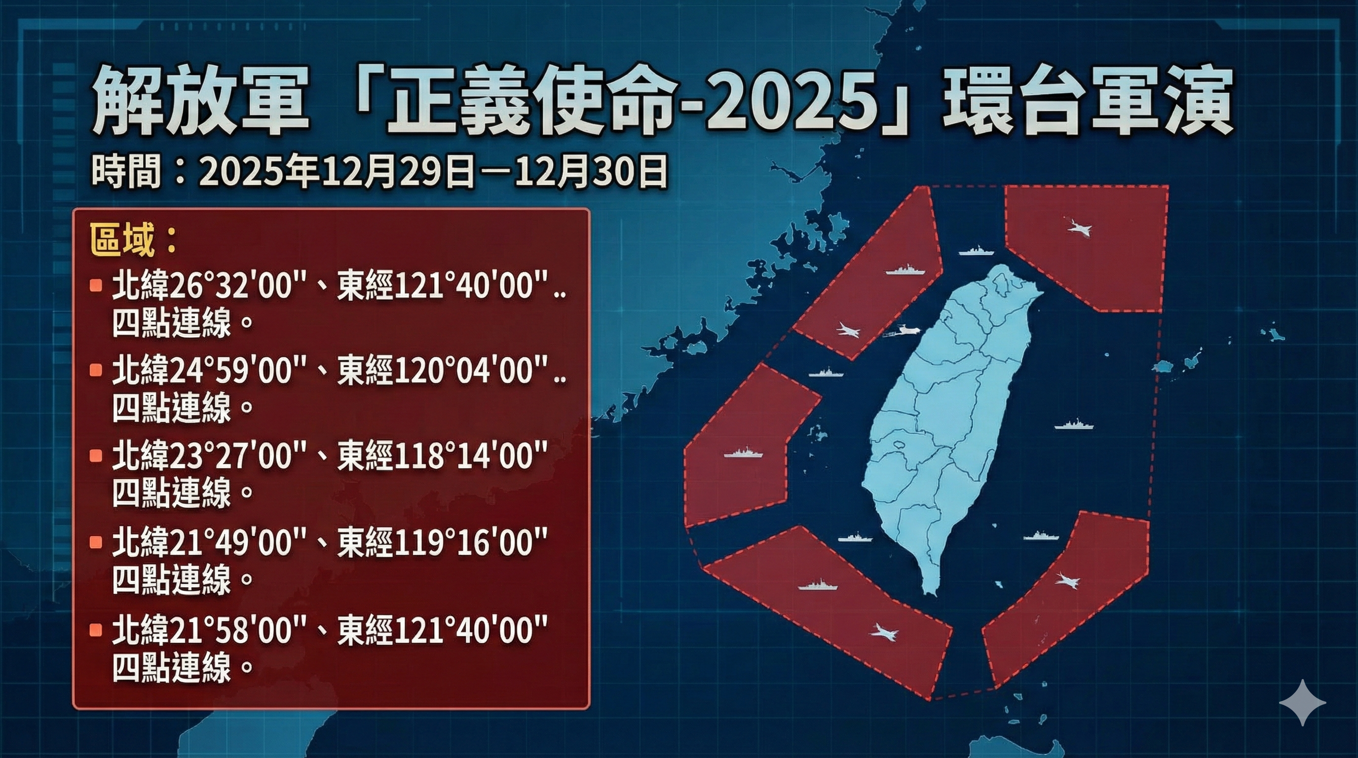 ▲解放軍「正義使命-2025」環台軍演」區域示意圖。（圖／記者魏有德製，經編輯審核）