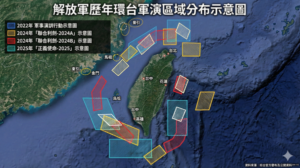 ▲解放軍歷年重大環台軍演範圍對照圖。（AI協作圖／記者魏有德製作，經編輯審核）